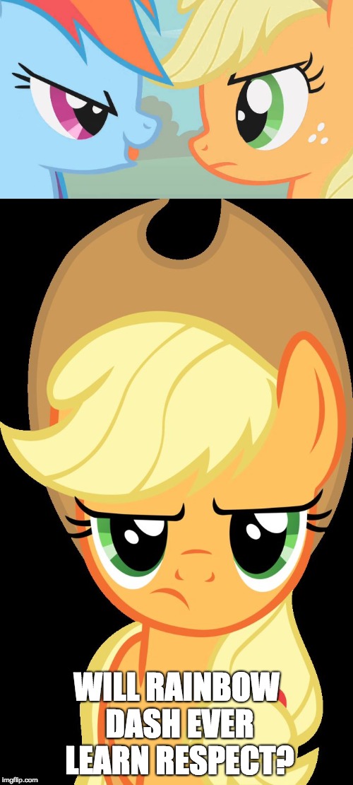 Applejack is not amused! | WILL RAINBOW DASH EVER LEARN RESPECT? | image tagged in memes,applejack is not amused,rainbow dash | made w/ Imgflip meme maker