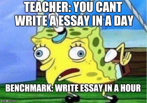 Mocking Spongebob Meme | TEACHER: YOU CANT WRITE A ESSAY IN A DAY; BENCHMARK: WRITE ESSAY IN A HOUR | image tagged in memes,mocking spongebob | made w/ Imgflip meme maker