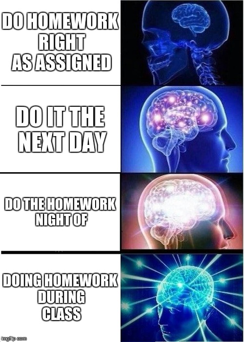 Expanding Brain | DO HOMEWORK RIGHT AS ASSIGNED; DO IT THE NEXT DAY; DO THE HOMEWORK NIGHT OF; DOING HOMEWORK DURING CLASS | image tagged in memes,expanding brain | made w/ Imgflip meme maker