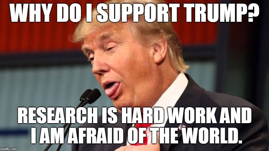 WHY DO I SUPPORT TRUMP? RESEARCH IS HARD WORK AND I AM AFRAID OF THE WORLD. | made w/ Imgflip meme maker