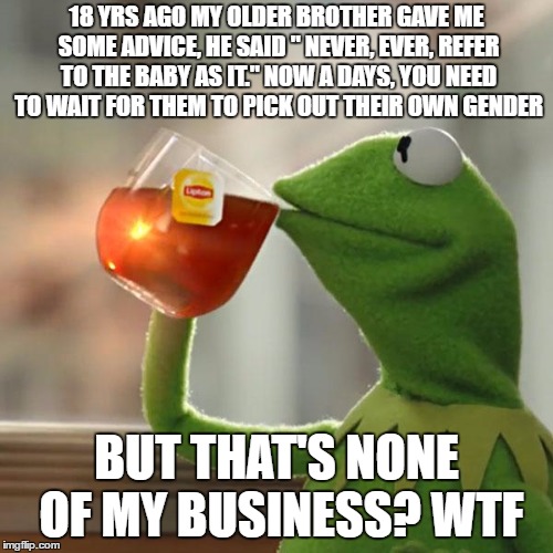 But That's None Of My Business Meme | 18 YRS AGO MY OLDER BROTHER GAVE ME SOME ADVICE, HE SAID " NEVER, EVER, REFER TO THE BABY AS IT." NOW A DAYS, YOU NEED TO WAIT FOR THEM TO PICK OUT THEIR OWN GENDER; BUT THAT'S NONE OF MY BUSINESS? WTF | image tagged in memes,but thats none of my business,kermit the frog,random | made w/ Imgflip meme maker