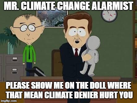 South Park Doll | MR. CLIMATE CHANGE ALARMIST; PLEASE SHOW ME ON THE DOLL WHERE THAT MEAN CLIMATE DENIER HURT YOU | image tagged in south park doll | made w/ Imgflip meme maker