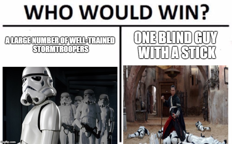 Donnie Yen is a boss | A LARGE NUMBER OF WELL-TRAINED STORMTROOPERS; ONE BLIND GUY WITH A STICK | image tagged in memes,who would win,star wars,rogue one | made w/ Imgflip meme maker