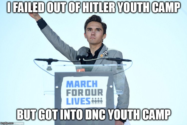 Heil David Hogg | I FAILED OUT OF HITLER YOUTH CAMP; BUT GOT INTO DNC YOUTH CAMP | image tagged in heil david hogg | made w/ Imgflip meme maker