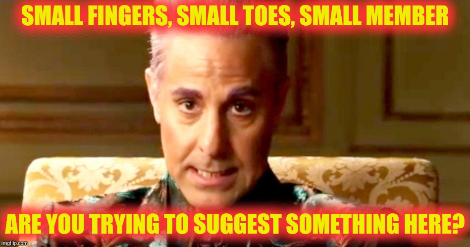 Hunger Games - Caesar Flickerman/Stanley Tucci "The fact is" | SMALL FINGERS, SMALL TOES, SMALL MEMBER ARE YOU TRYING TO SUGGEST SOMETHING HERE? | image tagged in hunger games - caesar flickerman/stanley tucci the fact is | made w/ Imgflip meme maker