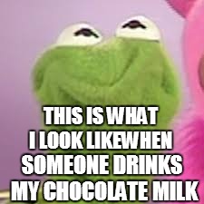 Kermit Mad | THIS IS WHAT I LOOK LIKEWHEN; SOMEONE DRINKS MY CHOCOLATE MILK | image tagged in kermit mad | made w/ Imgflip meme maker