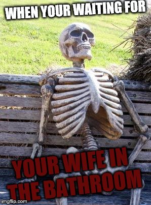 Waiting Skeleton Meme | WHEN YOUR WAITING FOR; YOUR WIFE IN THE BATHROOM | image tagged in memes,waiting skeleton,scumbag | made w/ Imgflip meme maker