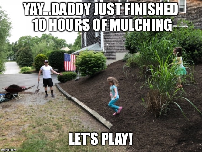 Mulching | YAY...DADDY JUST FINISHED 10 HOURS OF MULCHING; LET’S PLAY! | image tagged in funny | made w/ Imgflip meme maker