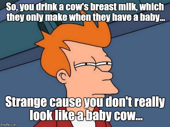 Futurama Fry Meme | So, you drink a cow's breast milk, which they only make when they have a baby... Strange cause you don't really look like a baby cow... | image tagged in memes,futurama fry | made w/ Imgflip meme maker