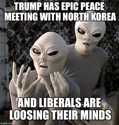Alien week joke 2 | TRUMP HAS EPIC PEACE MEETING WITH NORTH KOREA; AND LIBERALS ARE LOOSING THEIR MINDS | image tagged in aliens,alien week,jokes,and everybody loses their minds | made w/ Imgflip meme maker