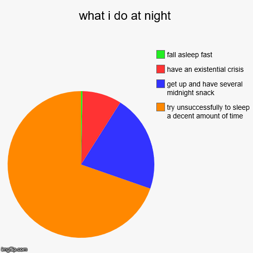 what i do at night | try unsuccessfully to sleep a decent amount of time, get up and have several midnight snack, have an existential crisis | image tagged in funny,pie charts | made w/ Imgflip chart maker