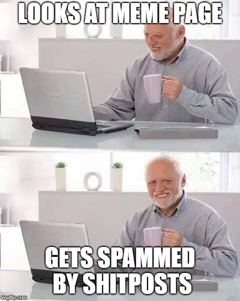 Hide the Pain Harold Meme | LOOKS AT MEME PAGE; GETS SPAMMED BY SHITPOSTS | image tagged in memes,hide the pain harold | made w/ Imgflip meme maker