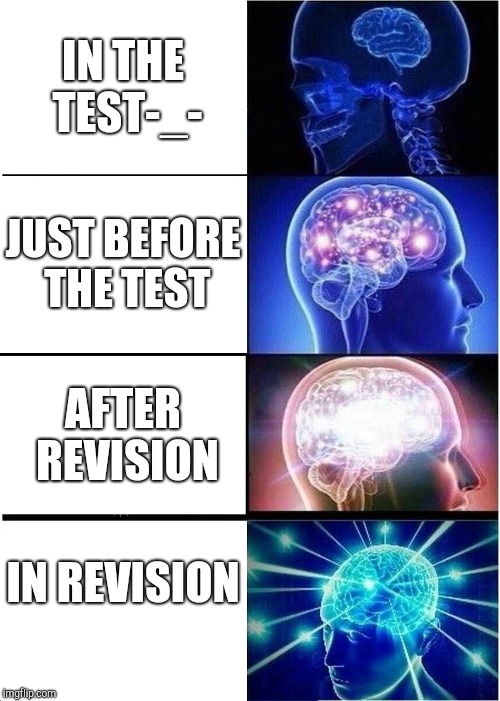 Expanding Brain Meme | IN THE TEST-_-; JUST BEFORE THE TEST; AFTER REVISION; IN REVISION | image tagged in memes,expanding brain | made w/ Imgflip meme maker