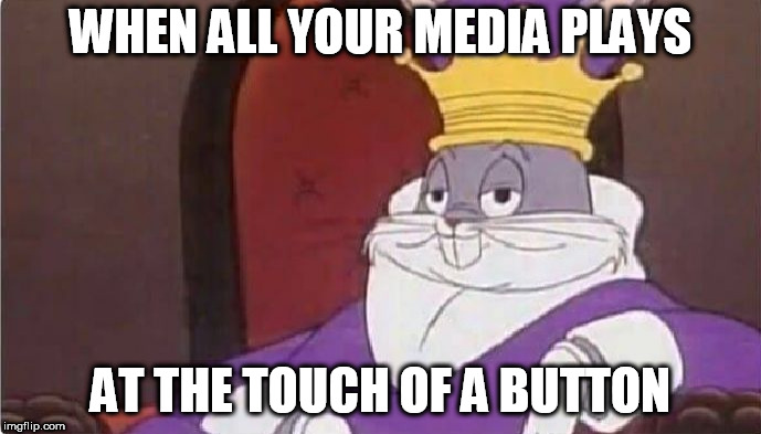 Bugs Bunny King | WHEN ALL YOUR MEDIA PLAYS; AT THE TOUCH OF A BUTTON | image tagged in bugs bunny king | made w/ Imgflip meme maker