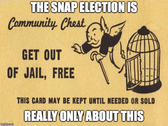 Get out of jail free card Monopoly | THE SNAP ELECTION IS; REALLY ONLY ABOUT THIS | image tagged in get out of jail free card monopoly | made w/ Imgflip meme maker