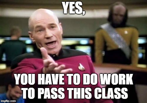 Picard Wtf | YES, YOU HAVE TO DO WORK TO PASS THIS CLASS | image tagged in memes,picard wtf | made w/ Imgflip meme maker
