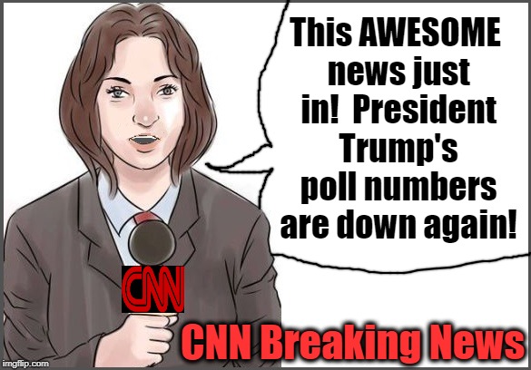 You can almost sense the GLEE when they report negative news about Trump! lol | This AWESOME news just in!  President Trump's poll numbers are down again! CNN Breaking News | image tagged in reporter,cnn | made w/ Imgflip meme maker