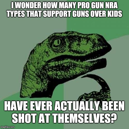 Philosoraptor Meme | I WONDER HOW MANY PRO GUN NRA TYPES THAT SUPPORT GUNS OVER KIDS; HAVE EVER ACTUALLY BEEN SHOT AT THEMSELVES? | image tagged in memes,philosoraptor,nra,school shooting,donald trump | made w/ Imgflip meme maker