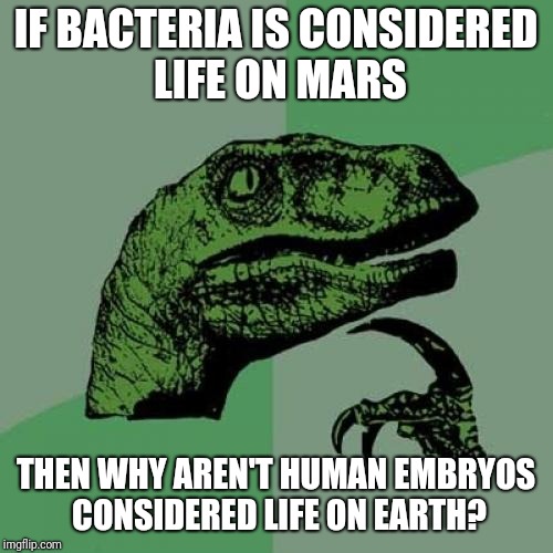 Philosoraptor Meme | IF BACTERIA IS CONSIDERED LIFE ON MARS; THEN WHY AREN'T HUMAN EMBRYOS CONSIDERED LIFE ON EARTH? | image tagged in memes,philosoraptor | made w/ Imgflip meme maker
