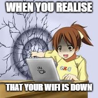 Anime wall punch | WHEN YOU REALISE; THAT YOUR WIFI IS DOWN | image tagged in anime wall punch | made w/ Imgflip meme maker