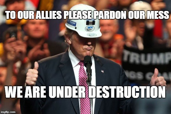 Donald Trump Hard Hat | TO OUR ALLIES
PLEASE PARDON OUR MESS; WE ARE UNDER DESTRUCTION | image tagged in donald trump hard hat | made w/ Imgflip meme maker