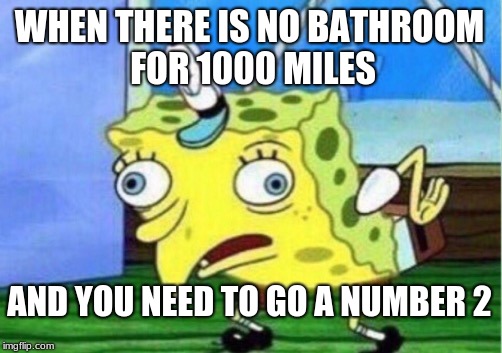 Mocking Spongebob | WHEN THERE IS NO BATHROOM FOR 1000 MILES; AND YOU NEED TO GO A NUMBER 2 | image tagged in memes,mocking spongebob | made w/ Imgflip meme maker
