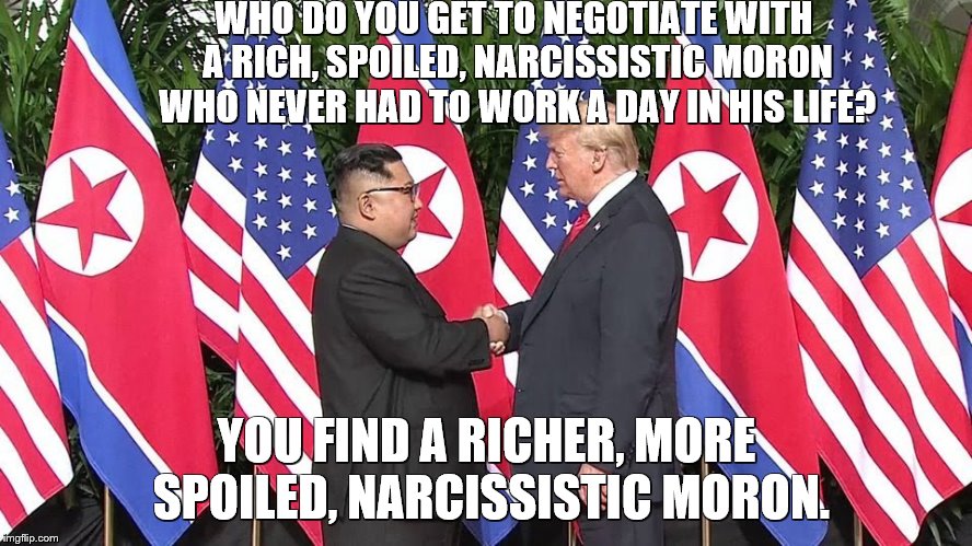 Trump Kim | WHO DO YOU GET TO NEGOTIATE WITH A RICH, SPOILED, NARCISSISTIC MORON WHO NEVER HAD TO WORK A DAY IN HIS LIFE? YOU FIND A RICHER, MORE SPOILED, NARCISSISTIC MORON. | image tagged in trump kim | made w/ Imgflip meme maker