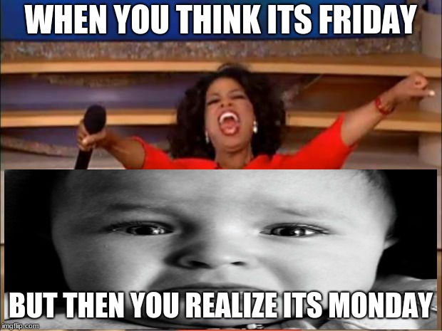 Oprah You Get A | WHEN YOU THINK ITS FRIDAY; BUT THEN YOU REALIZE ITS MONDAY | image tagged in memes,oprah you get a | made w/ Imgflip meme maker