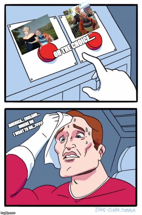 Two Buttons Meme | OH THE CHOICE.... AMERICA... ENGLAND... WHERE DO I WANT TO GO...???? | image tagged in memes,two buttons | made w/ Imgflip meme maker