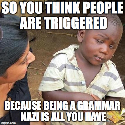 Third World Skeptical Kid Meme | SO YOU THINK PEOPLE ARE TRIGGERED BECAUSE BEING A GRAMMAR NAZI IS ALL YOU HAVE | image tagged in memes,third world skeptical kid | made w/ Imgflip meme maker