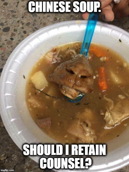 We nose what they're up to now! | CHINESE SOUP. SHOULD I RETAIN COUNSEL? | image tagged in chinese food,chinese,bad pun dogs,fast food,lawyer dog | made w/ Imgflip meme maker