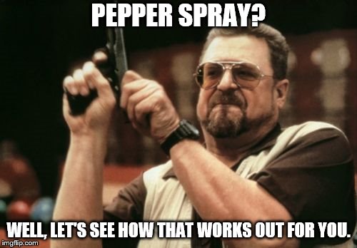 Am I The Only One Around Here Meme | PEPPER SPRAY? WELL, LET'S SEE HOW THAT WORKS OUT FOR YOU. | image tagged in memes,am i the only one around here | made w/ Imgflip meme maker