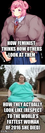 HOW FEMINIST THINKS HOW OTHERS LOOK AT THEM; HOW THEY ACTUALLY LOOK LIKE (RESPECT TO THE WORLD'S FATTEST WOMAN OF 2016 SHE DIED) | image tagged in memes,doki doki literature club,feminism | made w/ Imgflip meme maker