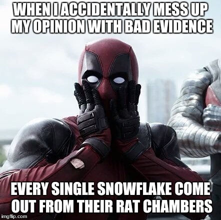 Deadpool Surprised Meme | WHEN I ACCIDENTALLY MESS UP MY OPINION WITH BAD EVIDENCE; EVERY SINGLE SNOWFLAKE COME OUT FROM THEIR RAT CHAMBERS | image tagged in memes,deadpool surprised | made w/ Imgflip meme maker