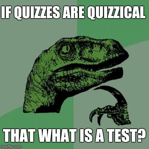 Philosoraptor | IF QUIZZES ARE QUIZZICAL; THAT WHAT IS A TEST? | image tagged in memes,philosoraptor | made w/ Imgflip meme maker