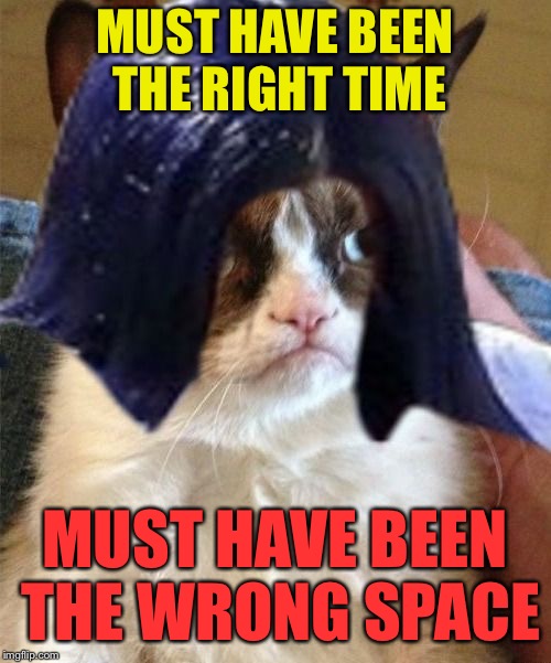 Grumpy doMima (flipped) | MUST HAVE BEEN THE RIGHT TIME MUST HAVE BEEN THE WRONG SPACE | image tagged in grumpy domima flipped | made w/ Imgflip meme maker