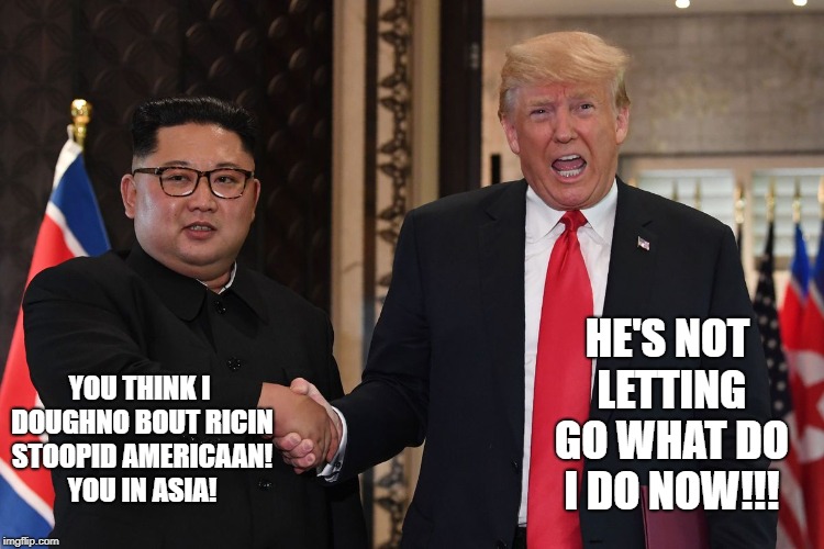 HE'S NOT LETTING GO WHAT DO I DO NOW!!! YOU THINK I DOUGHNO BOUT RICIN STOOPID AMERICAAN! YOU IN ASIA! | image tagged in trump,kim jong un | made w/ Imgflip meme maker