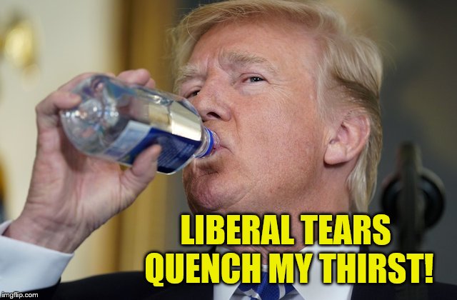 Trump Says Liberal Tears Quench My Thirst! | LIBERAL TEARS QUENCH MY THIRST! | image tagged in president trump,political meme,crying liberals,butthurt liberals,snowflake meltdown,memes | made w/ Imgflip meme maker