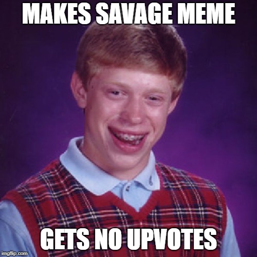 Badluck Brian | MAKES SAVAGE MEME; GETS NO UPVOTES | image tagged in badluck brian | made w/ Imgflip meme maker