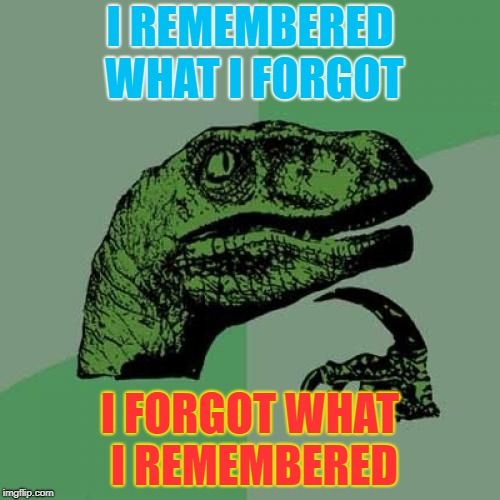 Philosoraptor | I REMEMBERED WHAT I FORGOT; I FORGOT WHAT I REMEMBERED | image tagged in memes,philosoraptor | made w/ Imgflip meme maker