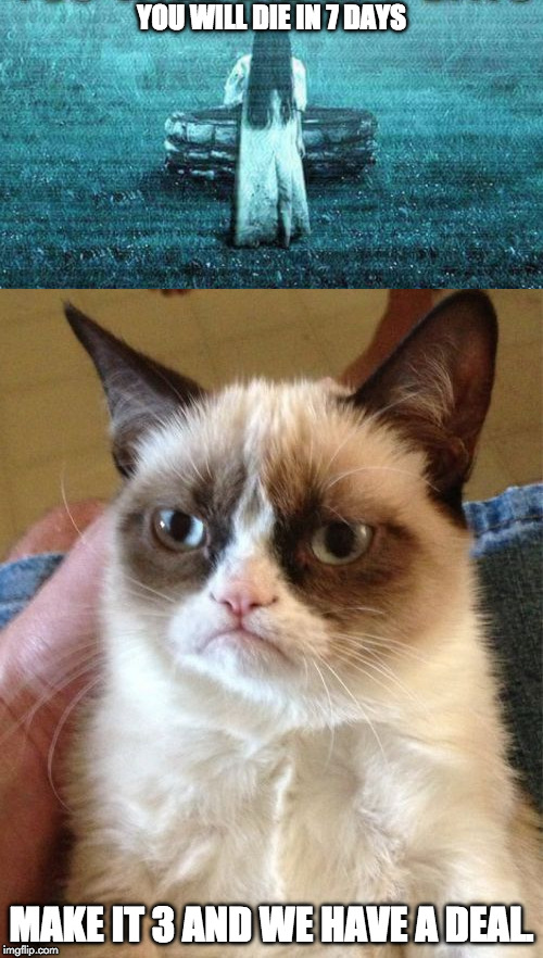 Compromise? | YOU WILL DIE IN 7 DAYS; MAKE IT 3 AND WE HAVE A DEAL. | image tagged in grumpy cat,die,deal | made w/ Imgflip meme maker