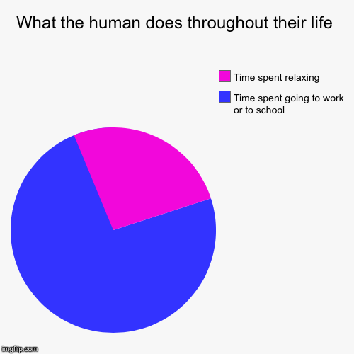 What the human does throughout their life | Time spent going to work or to school , Time spent relaxing | image tagged in funny,pie charts | made w/ Imgflip chart maker