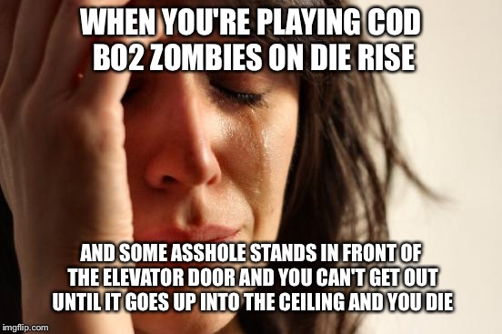 First World Problems Meme | WHEN YOU'RE PLAYING COD BO2 ZOMBIES ON DIE RISE; AND SOME ASSHOLE STANDS IN FRONT OF THE ELEVATOR DOOR AND YOU CAN'T GET OUT UNTIL IT GOES UP INTO THE CEILING AND YOU DIE | image tagged in memes,first world problems | made w/ Imgflip meme maker