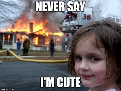 Disaster Girl | NEVER SAY; I'M CUTE | image tagged in memes,disaster girl | made w/ Imgflip meme maker