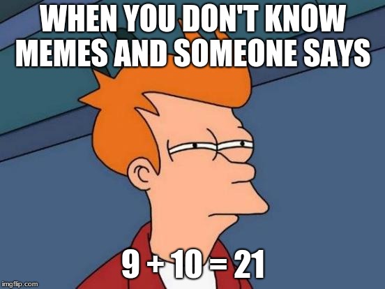 Futurama Fry Meme | WHEN YOU DON'T KNOW MEMES AND SOMEONE SAYS; 9 + 10 = 21 | image tagged in memes,futurama fry | made w/ Imgflip meme maker