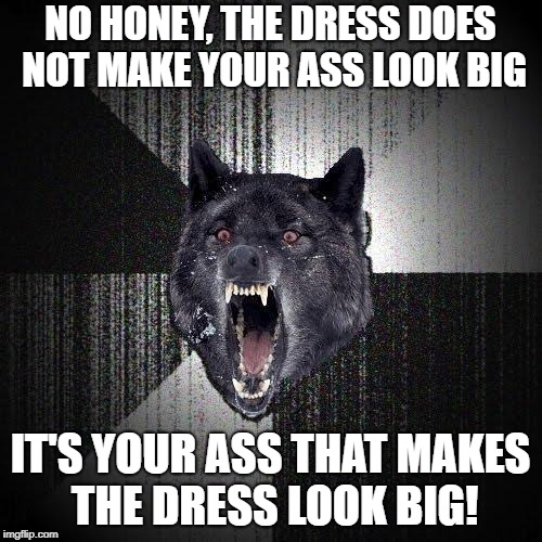 NO HONEY, THE DRESS DOES NOT MAKE YOUR ASS LOOK BIG IT'S YOUR ASS THAT MAKES THE DRESS LOOK BIG! | made w/ Imgflip meme maker