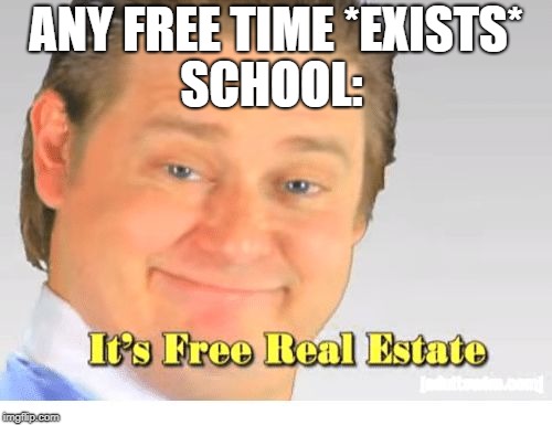 It's Free Real Estate | SCHOOL:; ANY FREE TIME *EXISTS* | image tagged in it's free real estate | made w/ Imgflip meme maker