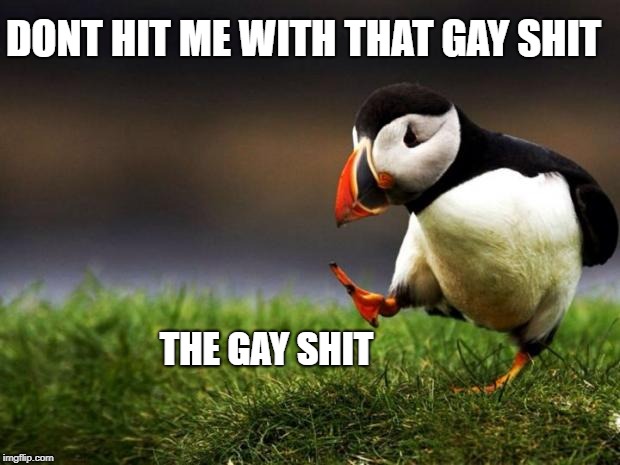 Unpopular Opinion Puffin | DONT HIT ME WITH THAT GAY SHIT; THE GAY SHIT | image tagged in memes,unpopular opinion puffin | made w/ Imgflip meme maker