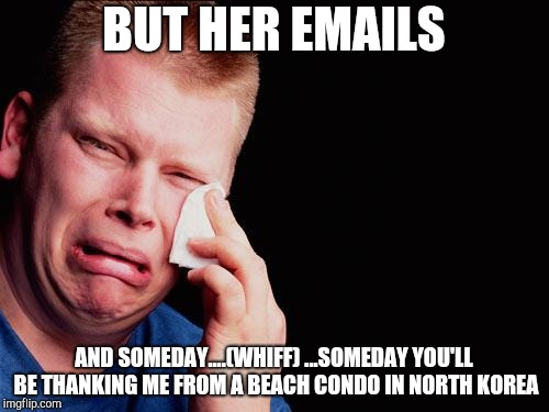 Tissue State Whataboutism  | BUT HER EMAILS; AND SOMEDAY....(WHIFF) ...SOMEDAY YOU'LL BE THANKING ME FROM A BEACH CONDO IN NORTH KOREA | image tagged in tissue crying man | made w/ Imgflip meme maker