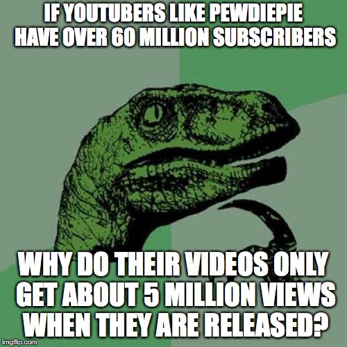 Philosoraptor | IF YOUTUBERS LIKE PEWDIEPIE HAVE OVER 60 MILLION SUBSCRIBERS; WHY DO THEIR VIDEOS ONLY GET ABOUT 5 MILLION VIEWS WHEN THEY ARE RELEASED? | image tagged in memes,philosoraptor | made w/ Imgflip meme maker
